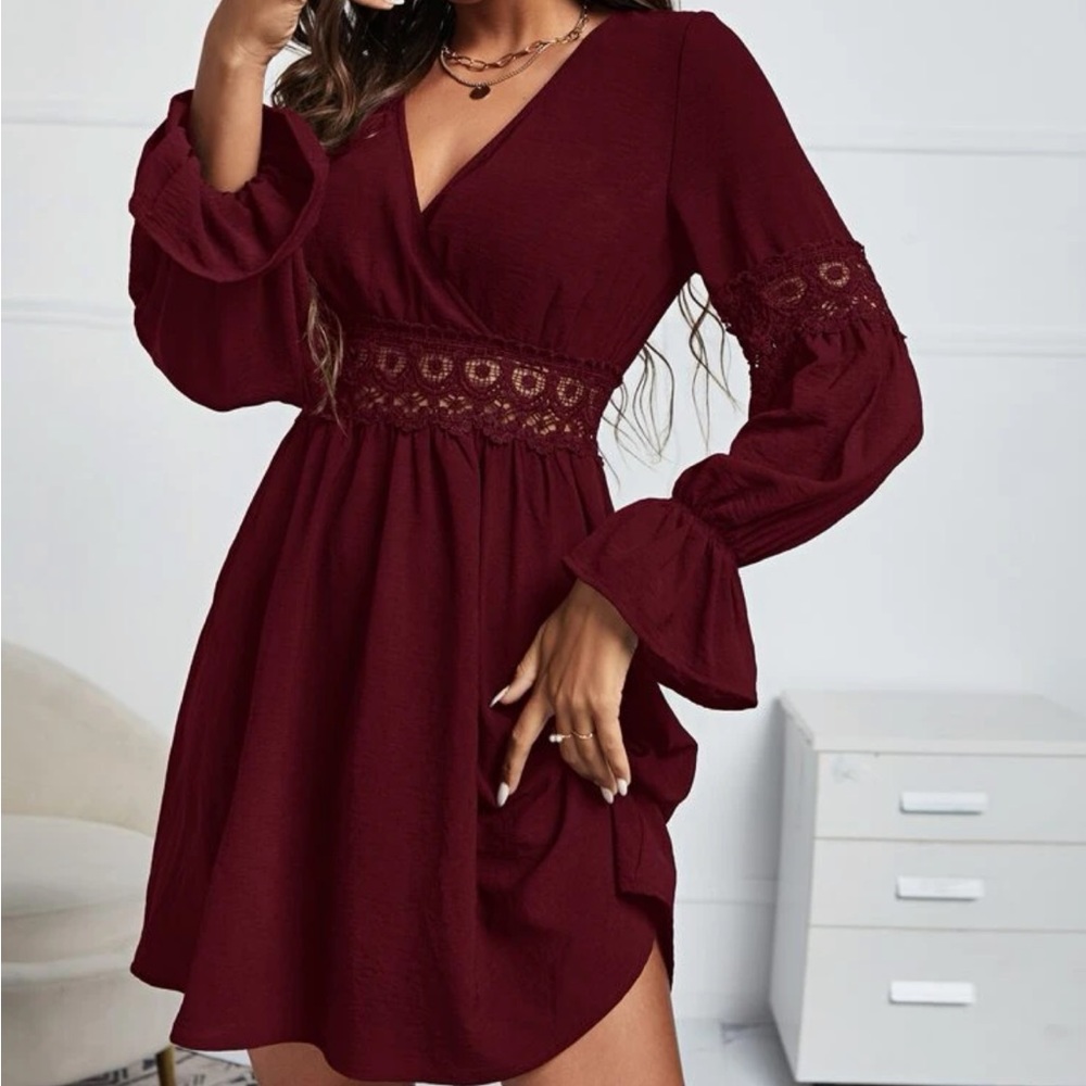 Luxe burgundy lace insert flounce sleeve dress - Picture 1 of 10